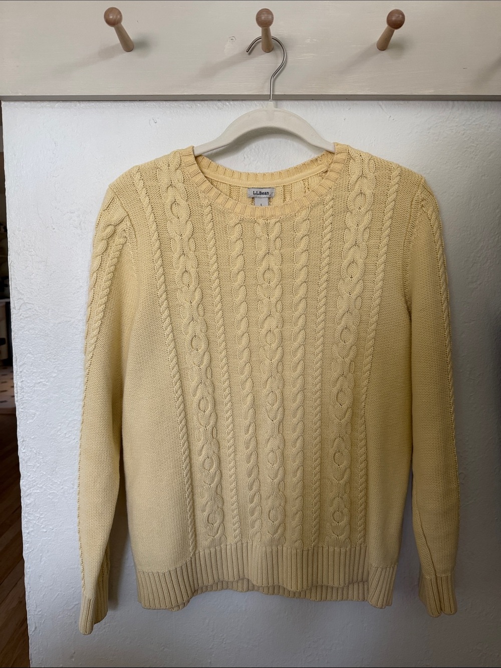L.L. Bean Pale Yellow Cable-Knit Crewneck Sweater